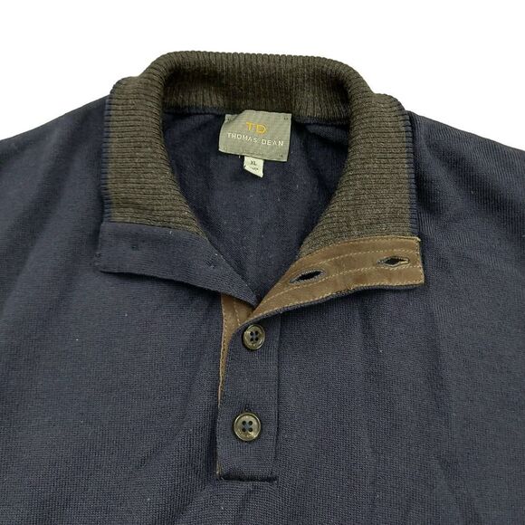 TD Thomas Dean Merino Wool Sweater Pullover Mens XL Navy 1/4 Button High Neck - Picture 3 of 11